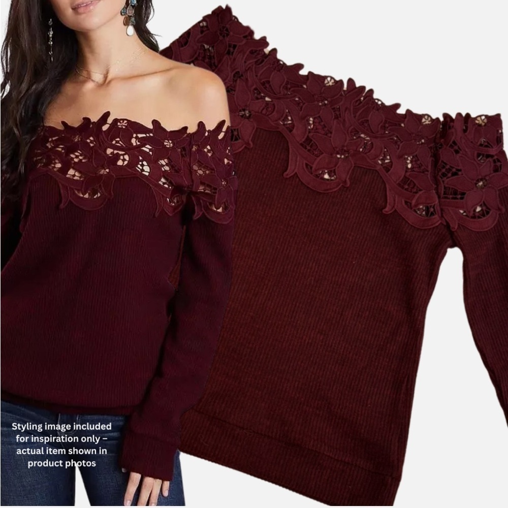 Buckle Lace Off Shoulder Top Burgundy Wine Sm